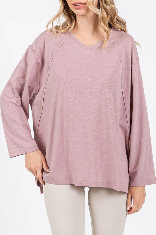 PLUS SIZE V NECK LONG SLEEVE TEXTURED TUNIC TOP