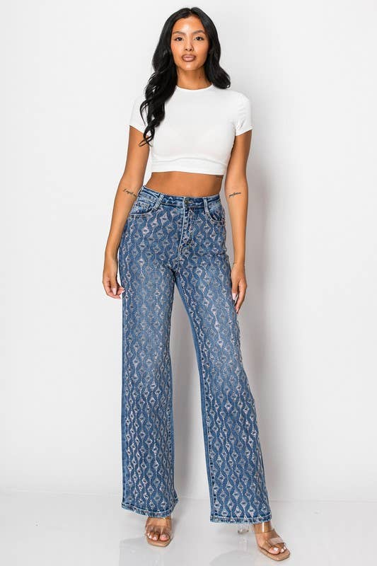 Embellished Straight Leg Blue Denim Jeans