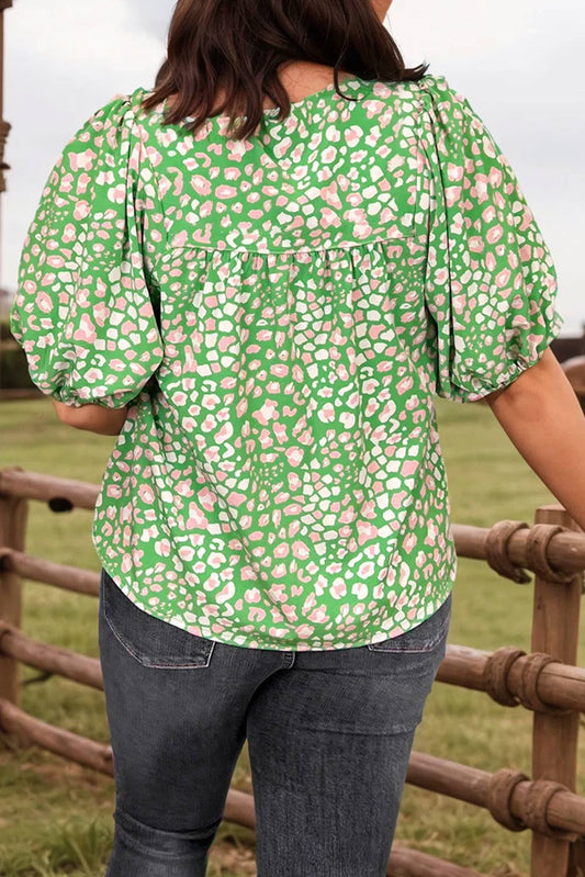 Plus Size Floral Tassel Tie Split Neck Puff Sleeve Blouse