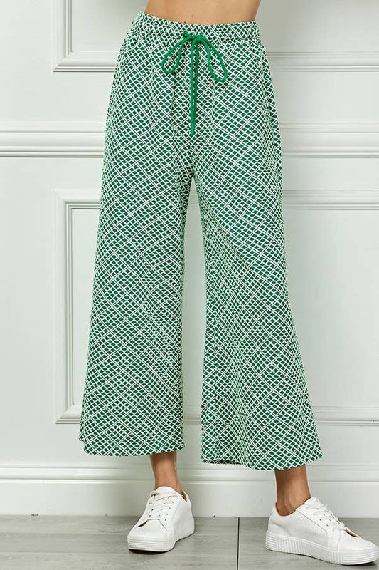 Vibran geo wide-leg pant with drawstring waist.