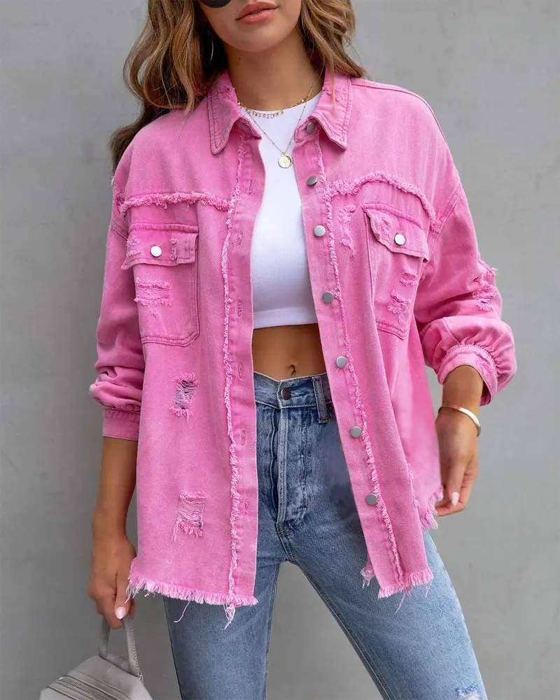 Raw hem pocket design denim coat