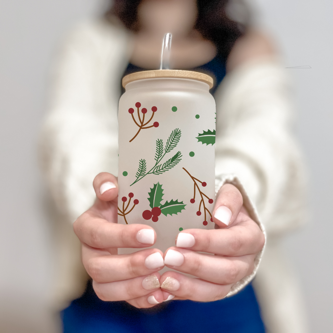 16 Oz Glass Can- Christmas themed Cup