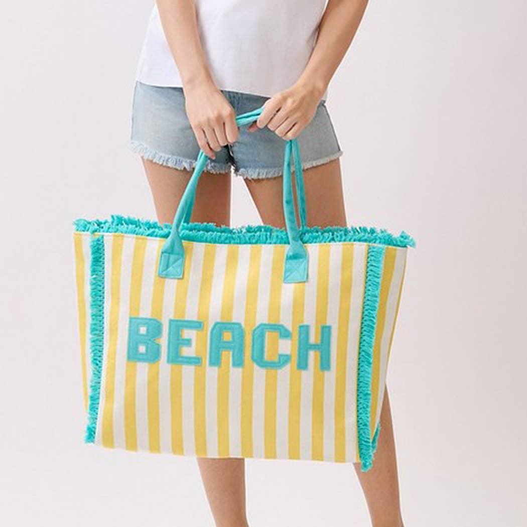 Embroidered Beach Letter Terry Cloth Frayed Striped Tote Ba