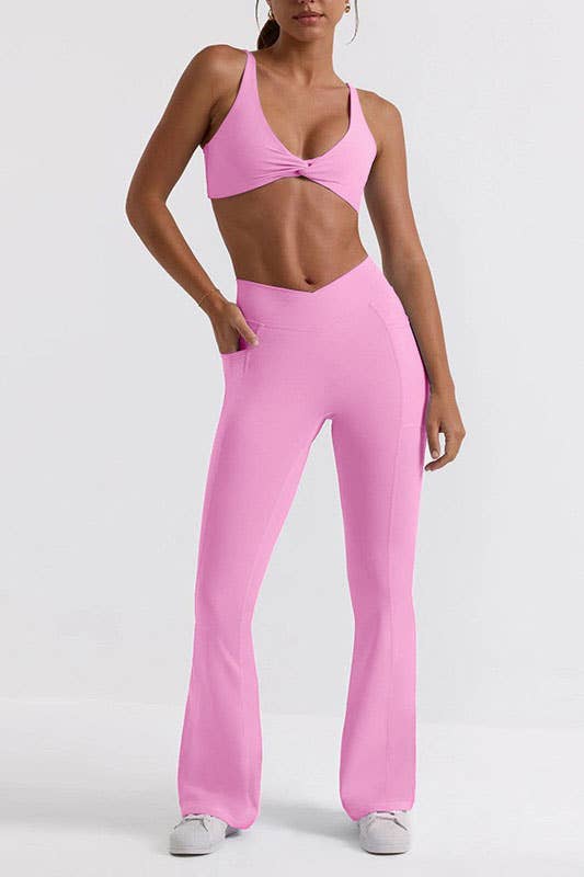 Pink active wear cross waist band wide leg active pants