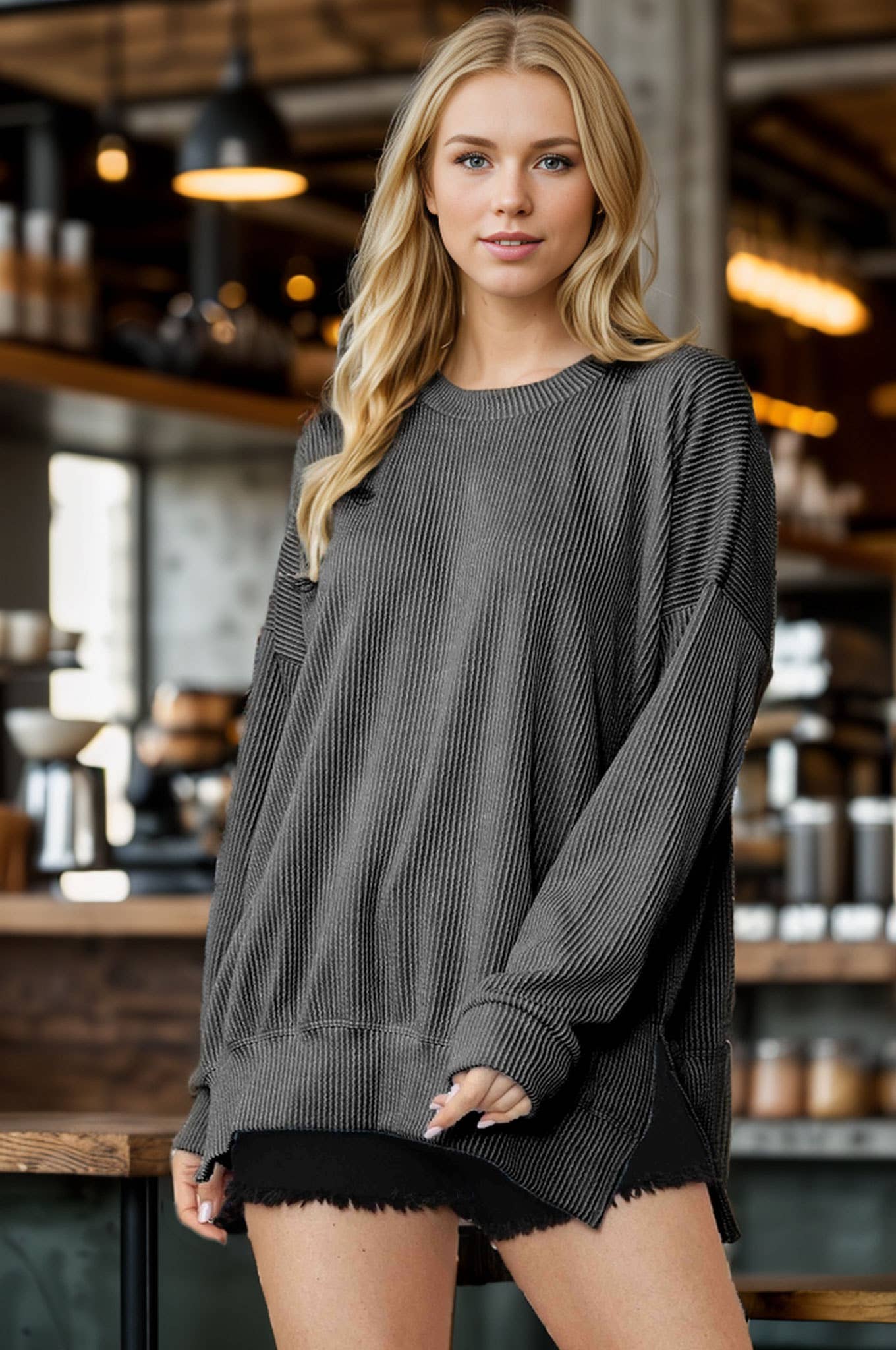 WAVE RIB OVERSIZED SWEATSHIRT WITH SIDE SLIT - FALL