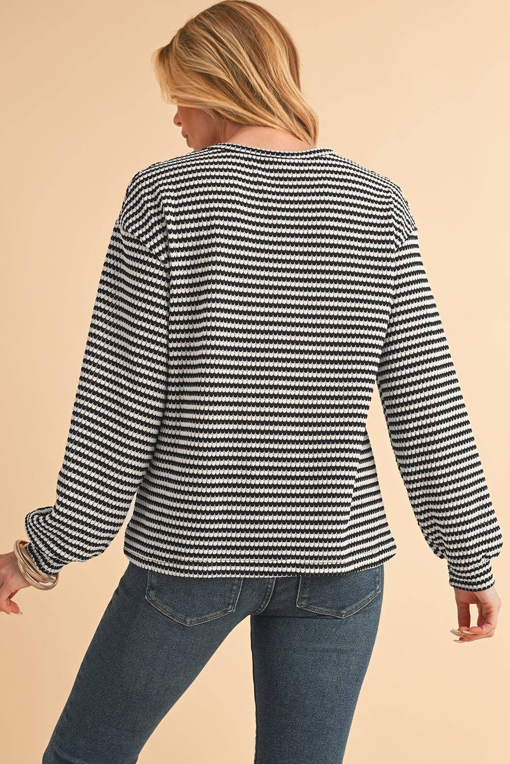 Stripe Round Neck Drop Shoulder Long Sleeve Top
