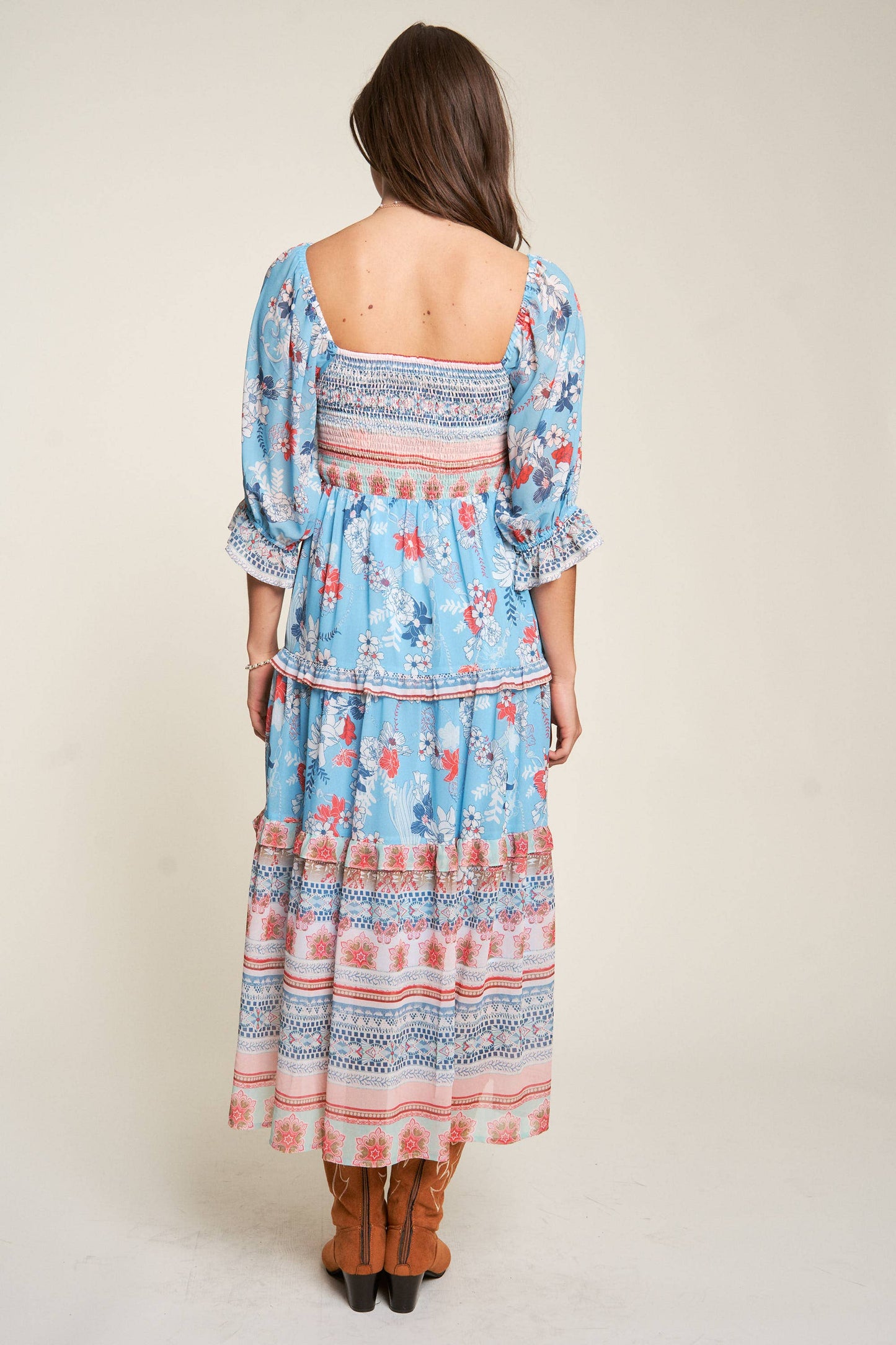 BOHO RUFFLE SMOCKED BODICE SHORT PUFF SLEEVE DRESS