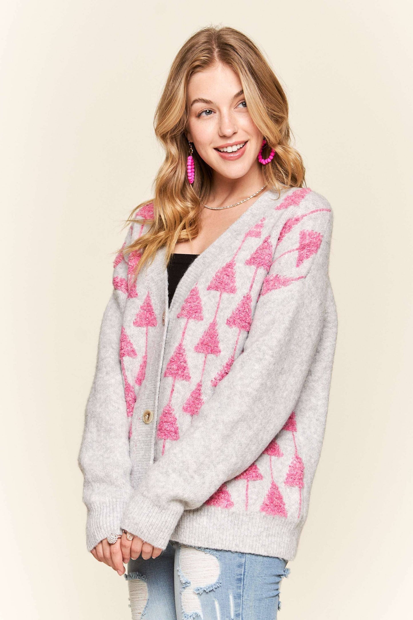 FLUFFY TREE ACCENT CARDIGAN