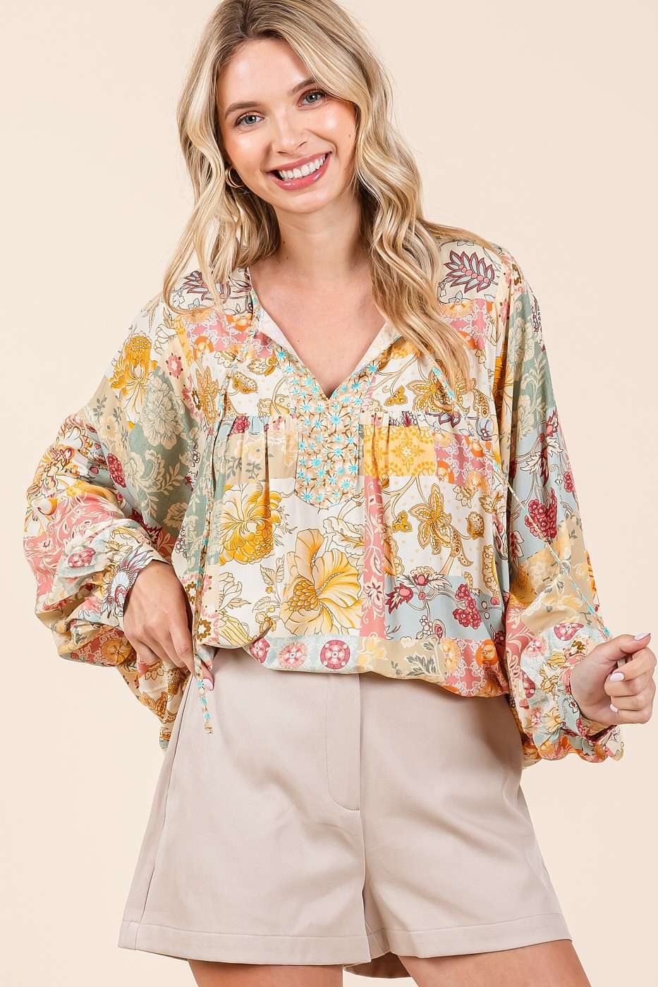 BOHO PATCHWORK PRINT LONG SLEEVE BLOUSE