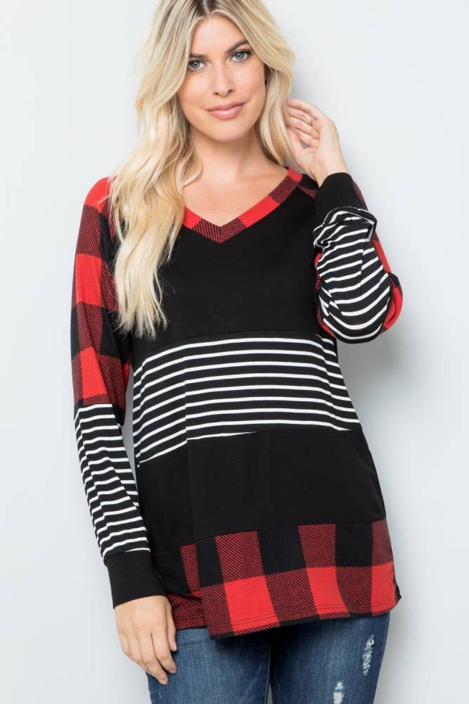PLAID AND STRIPES LONG SLEEVE TOP -CT43658