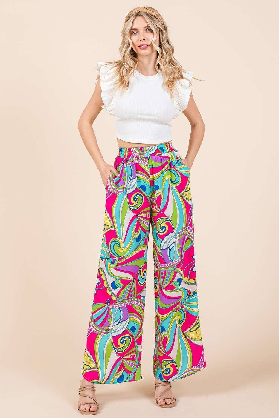 ABSTRACT PRINT ELASTIC WAIST WIDE LEG PANTS