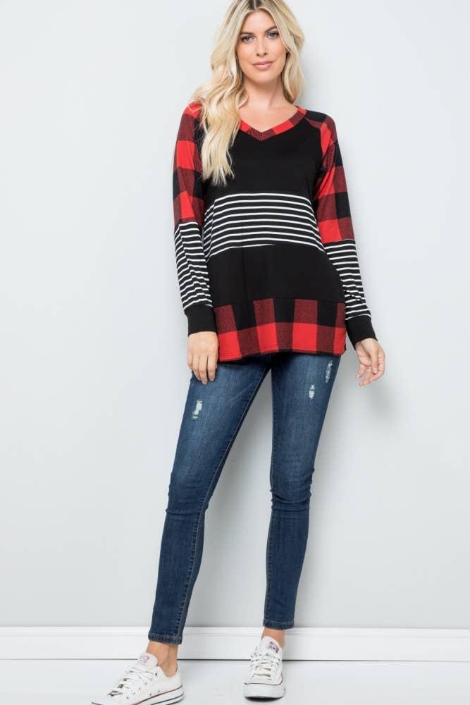PLAID AND STRIPES LONG SLEEVE TOP -CT43658