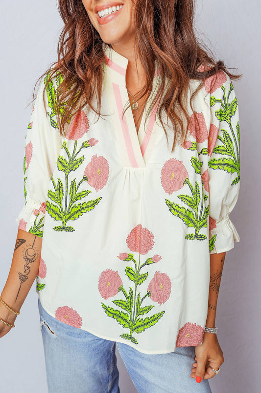 Floral V Neck 3/4 Sleeve Blouse | S-XL
