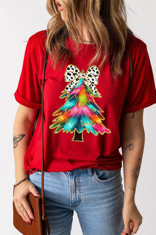 Red Christmas Tree Bow Graphic Holiday Casual T Shirt