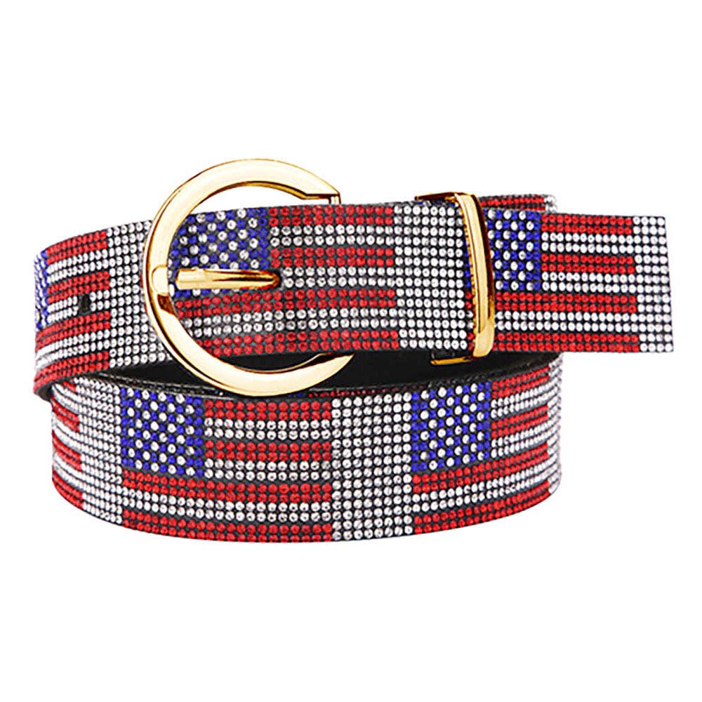 Bling Studded American USA Flag Patterned Belt