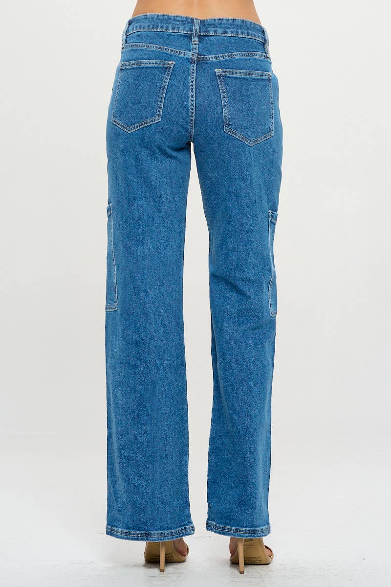 Medium Wash - Mid Rise Cargo Wide Leg Jeans