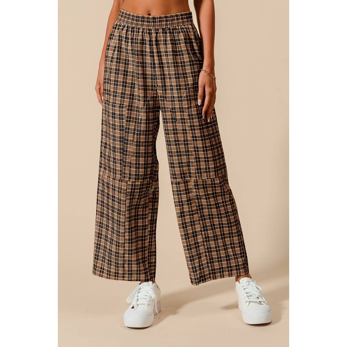 CHECK PLAID WIDE LEG PANTS WITH BIG PATCH POCKETS AND ELASTI
