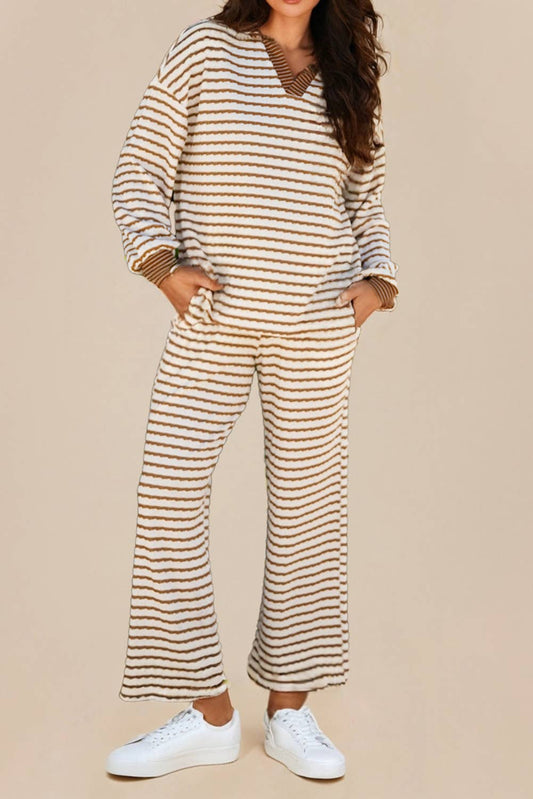 Stripe Collared Pullover Top and Drawstring Pant Set