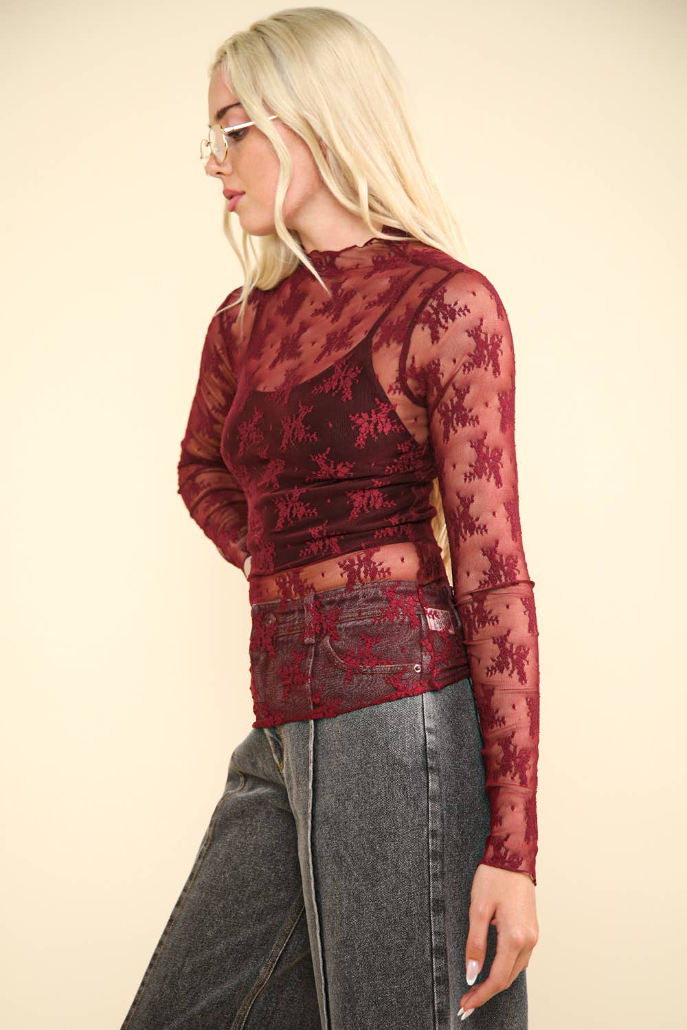 NT11909-High Neck Fitted Sheer Mesh Lace Knit Top