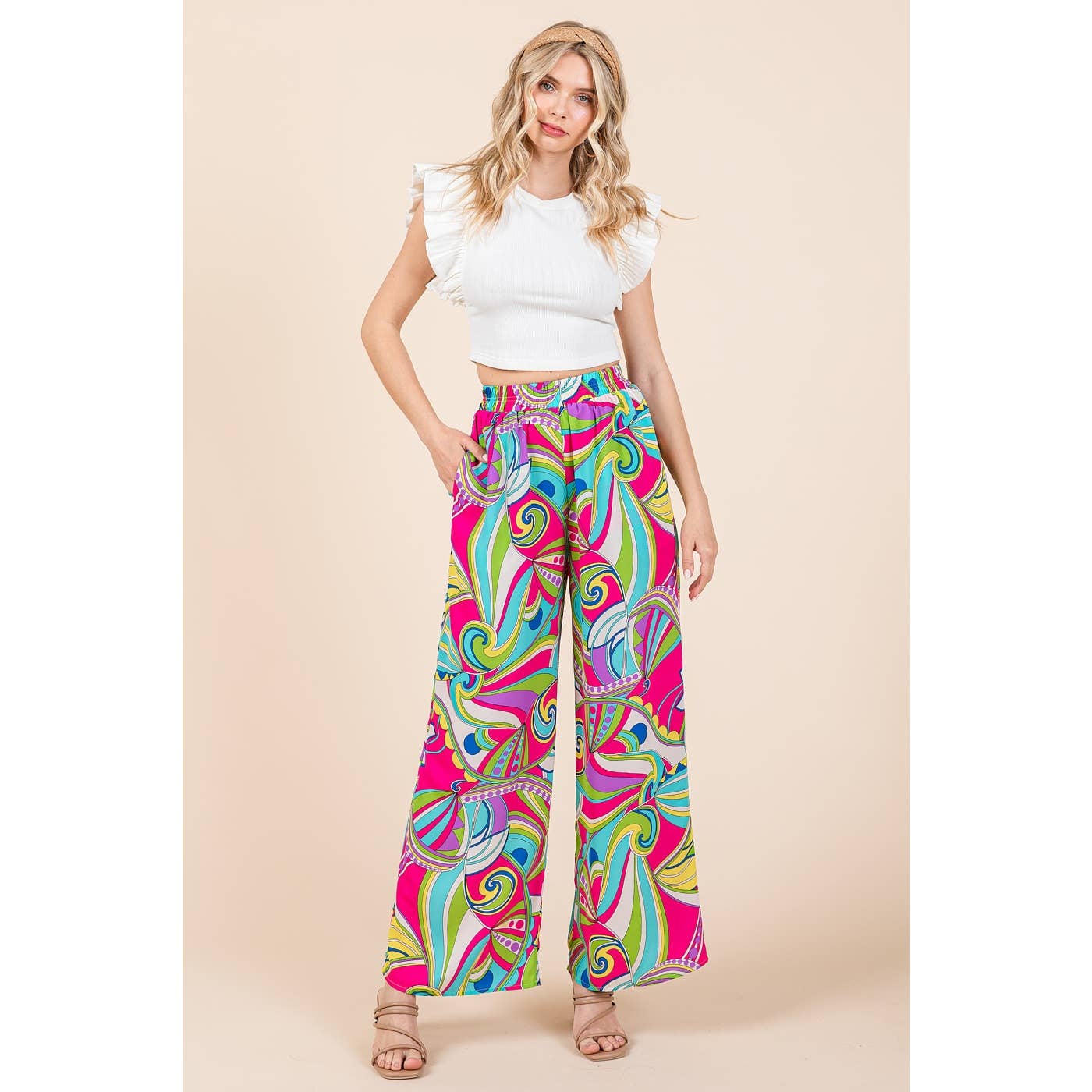 ABSTRACT PRINT ELASTIC WAIST WIDE LEG PANTS