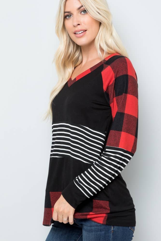 PLAID AND STRIPES LONG SLEEVE TOP -CT43658