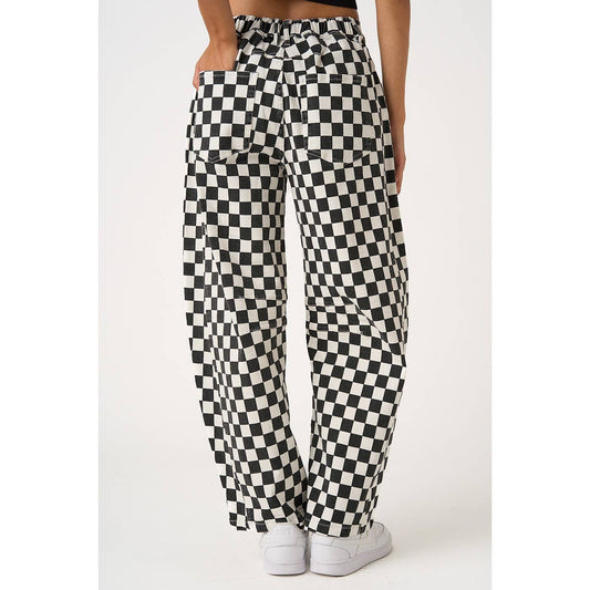 GAME DAY CHECKERED ELASTIC WAIST BARREL PANTS