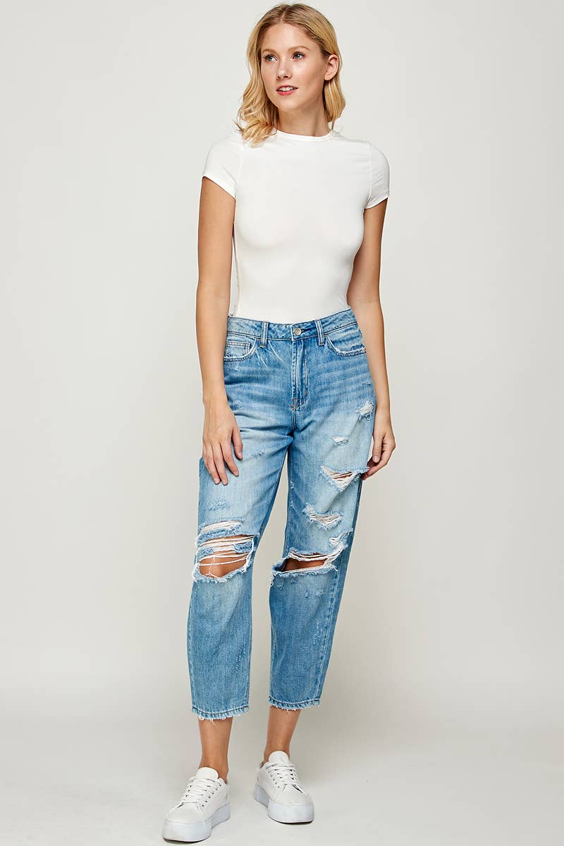 Light Wash - Distressed Mom Jeans