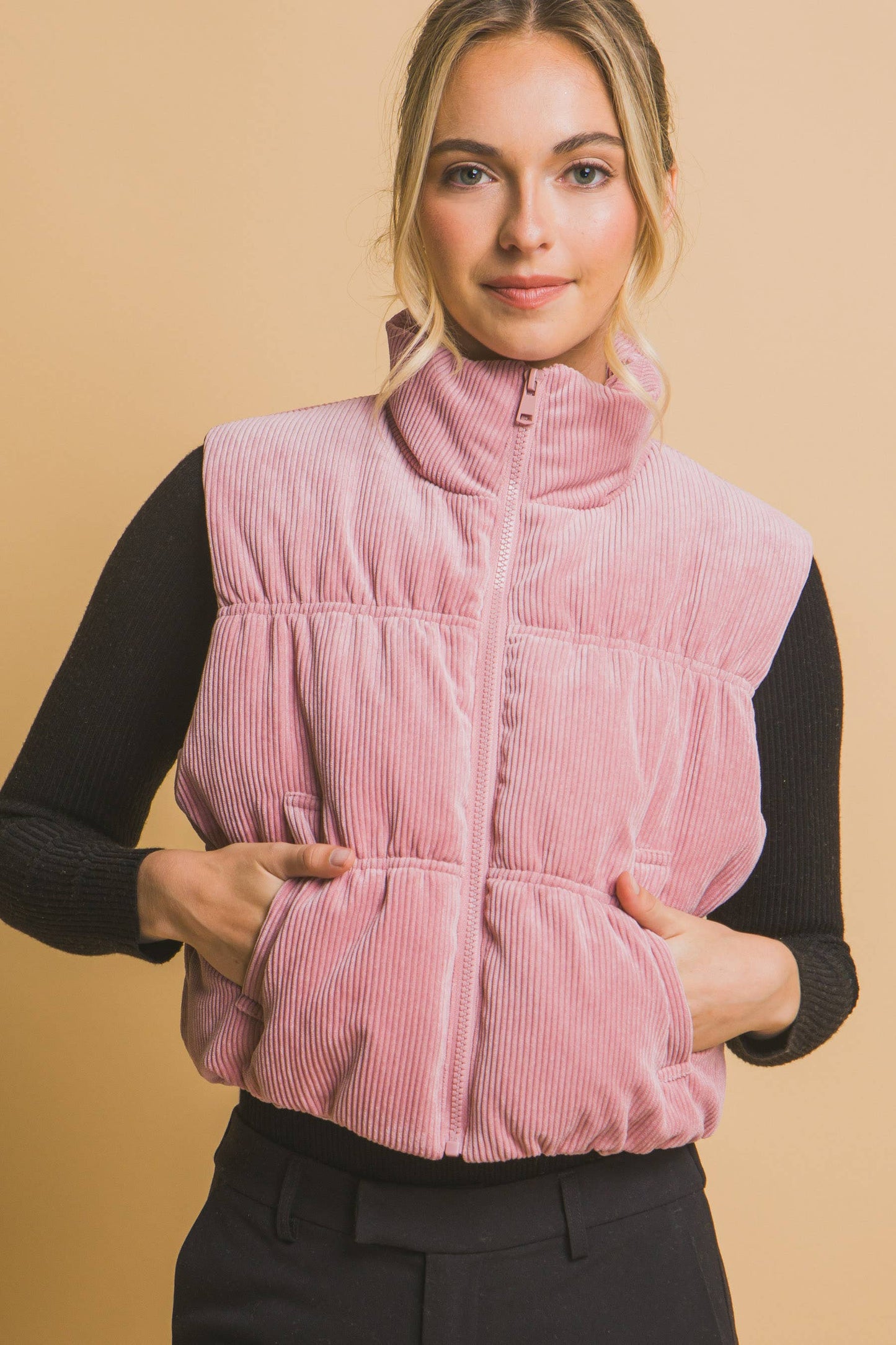 Corduroy Zip Up Puffer Vest with Pockets