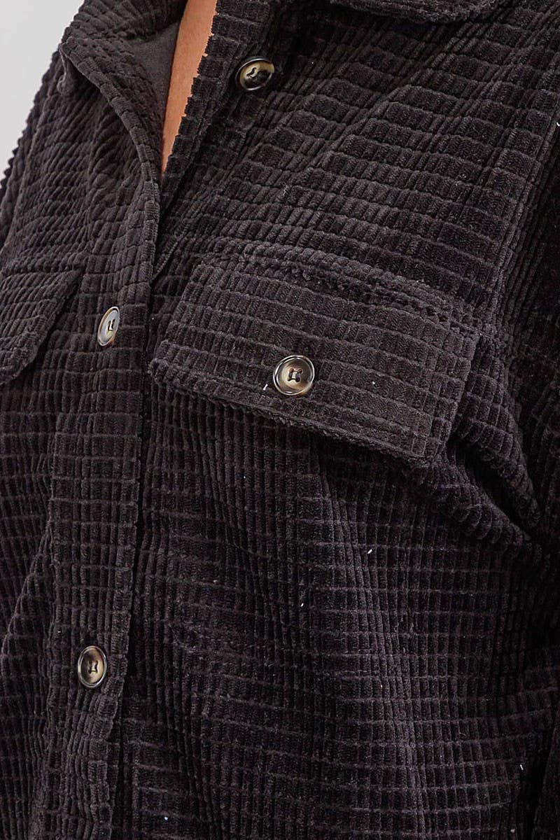 FRONT POCKETS BUTTON UP OVERSIZED WAFFLE SHACKET