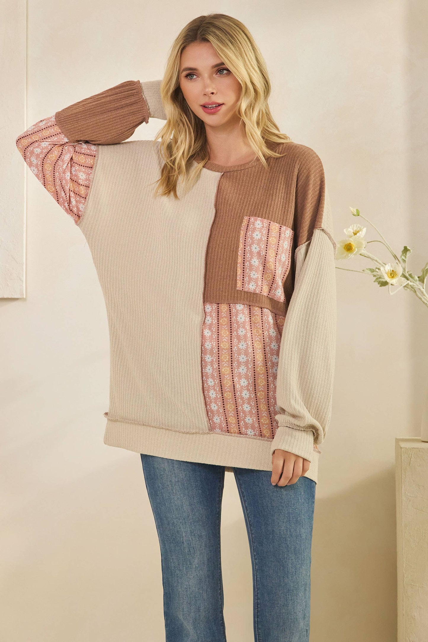 Color Block Floral Patchwork Pullover Top