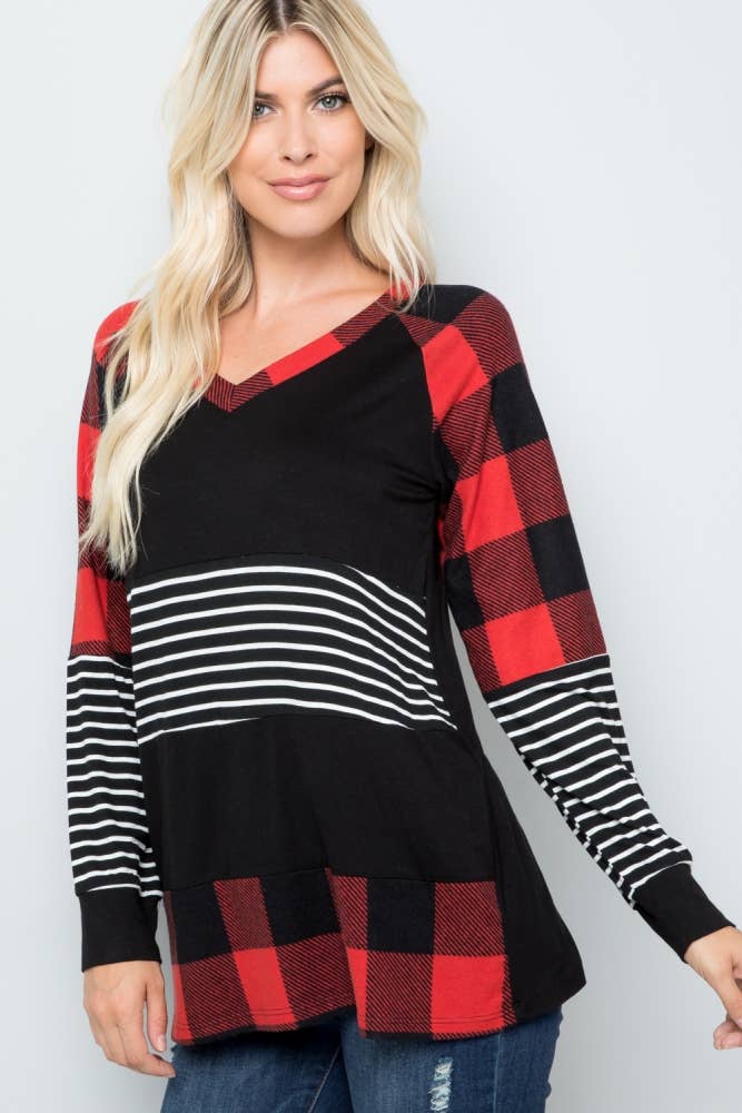 PLAID AND STRIPES LONG SLEEVE TOP -CT43658