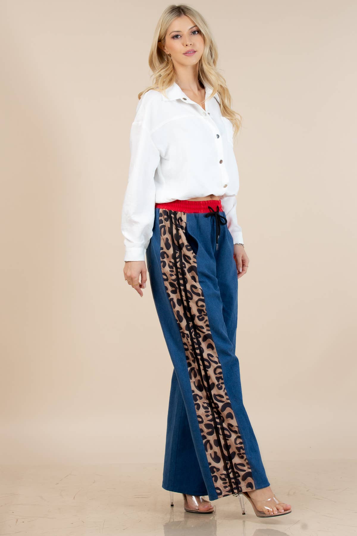 High Waist Animal Print Striped Wide Pants