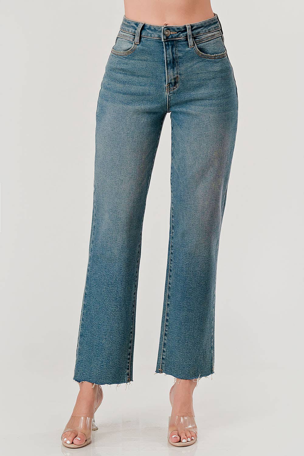 T.Dark Wash - Hi-Rise Raw Hem Cowboy Straight Fit