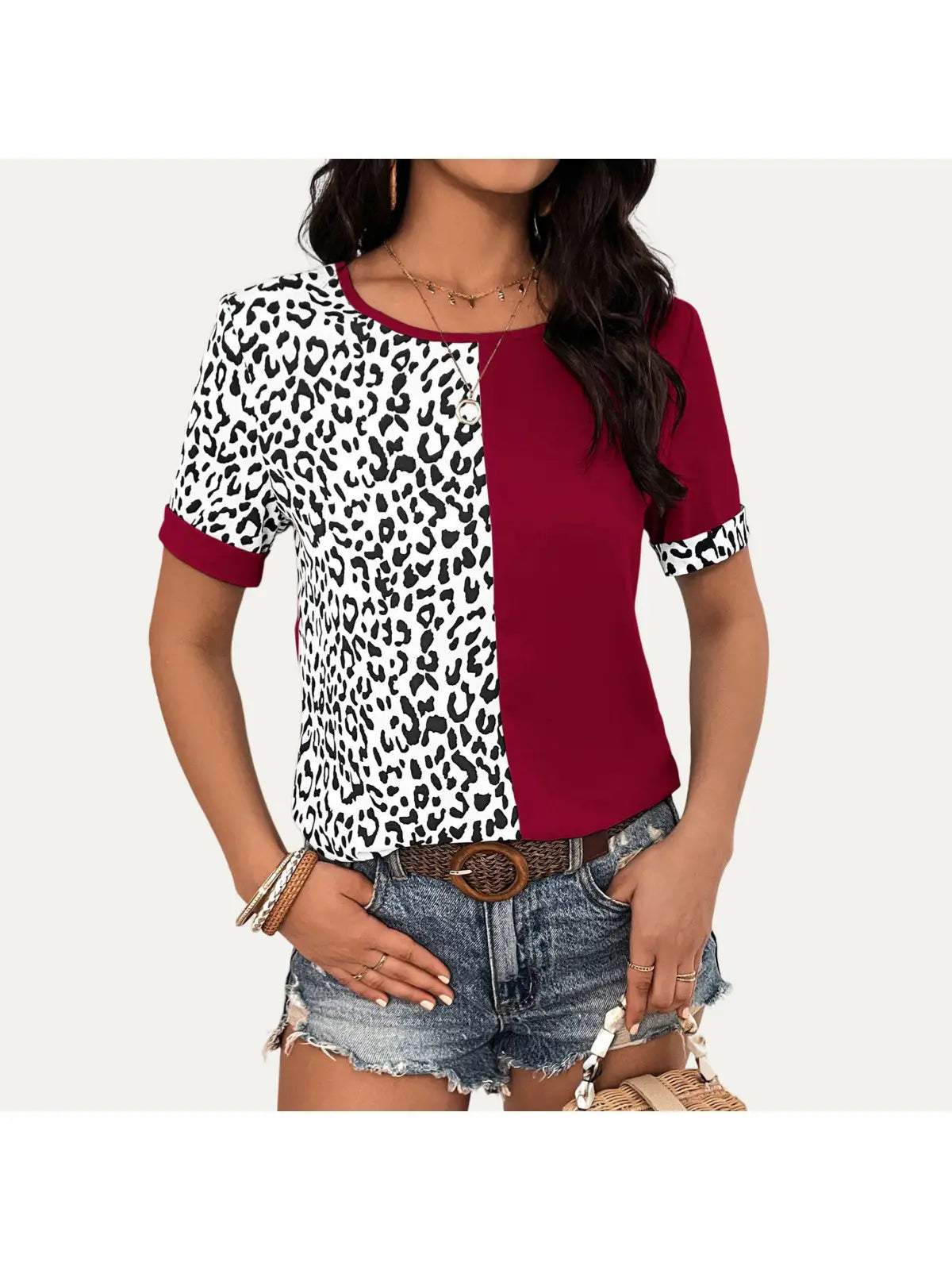 Leopard Print Color Block Short Sleeve