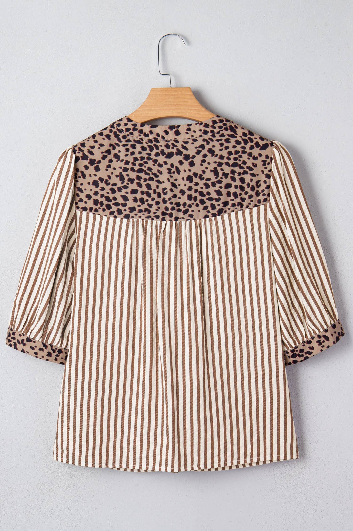Leopard Trim Button Down Stripe Half Sleeve Shirt