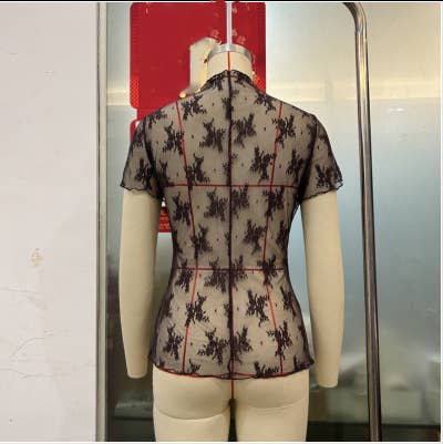 Sheer Mesh Lace Short Sleeve Top