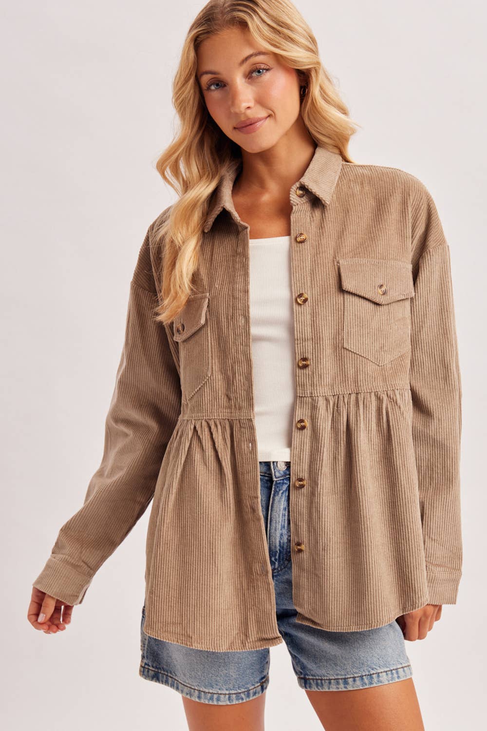 BUTTON DOWN CORDUROY PEPLUM SHACKET