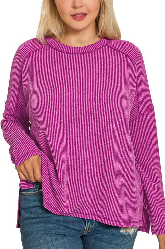 Plus Raised Rib Raw Edge Boat Neck Long Sleeve Top