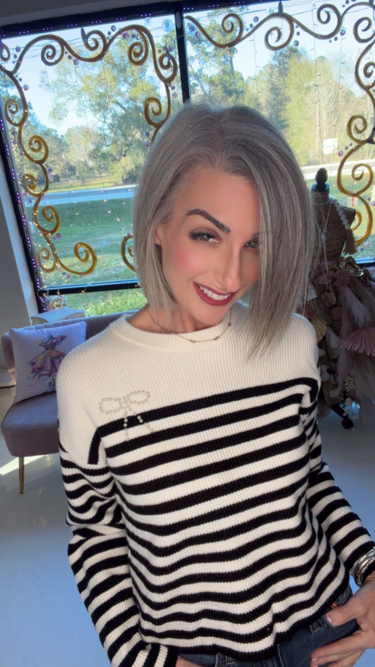 Long Sleeve Round Neck Pearl Bow Detail Stripe Sweater