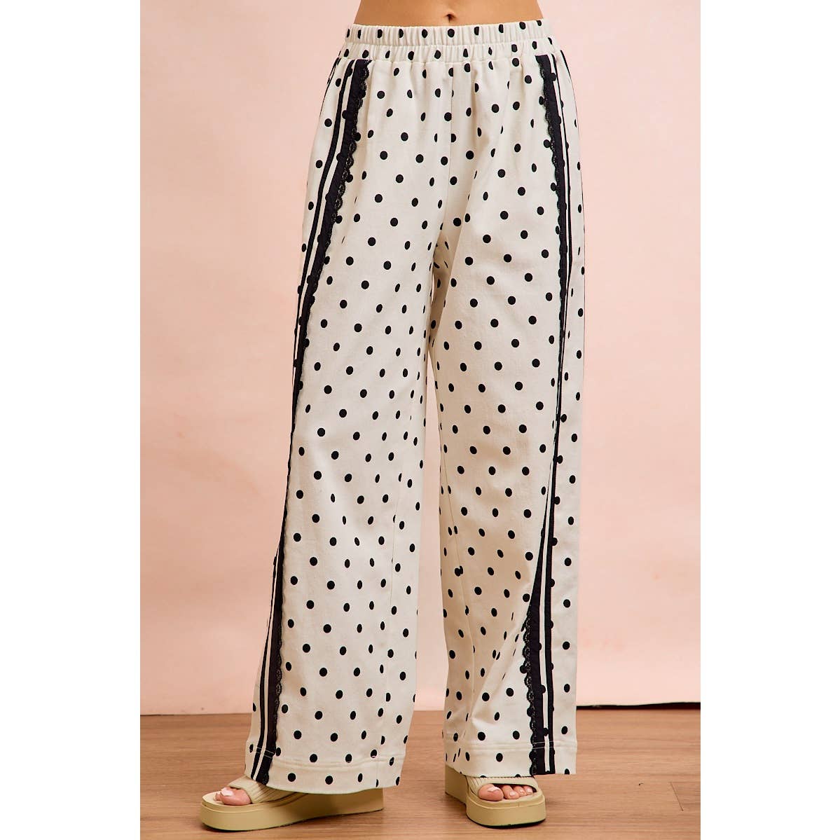 POLKA DOT PRINTED TWILL LACE TRIM DETAIL PANTS
