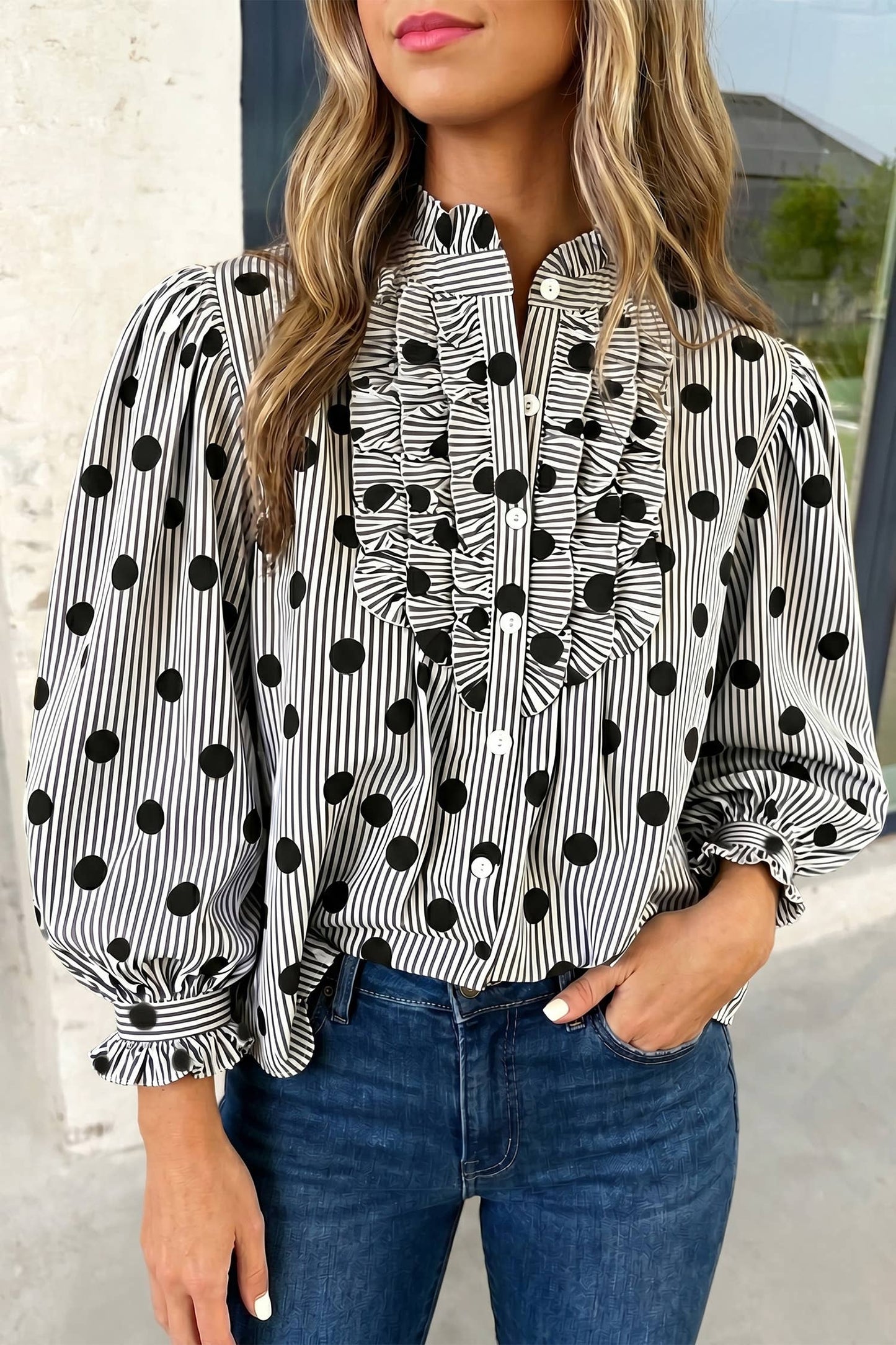 Striped Print Polka Dot Ruffle Stand Neck Shirts