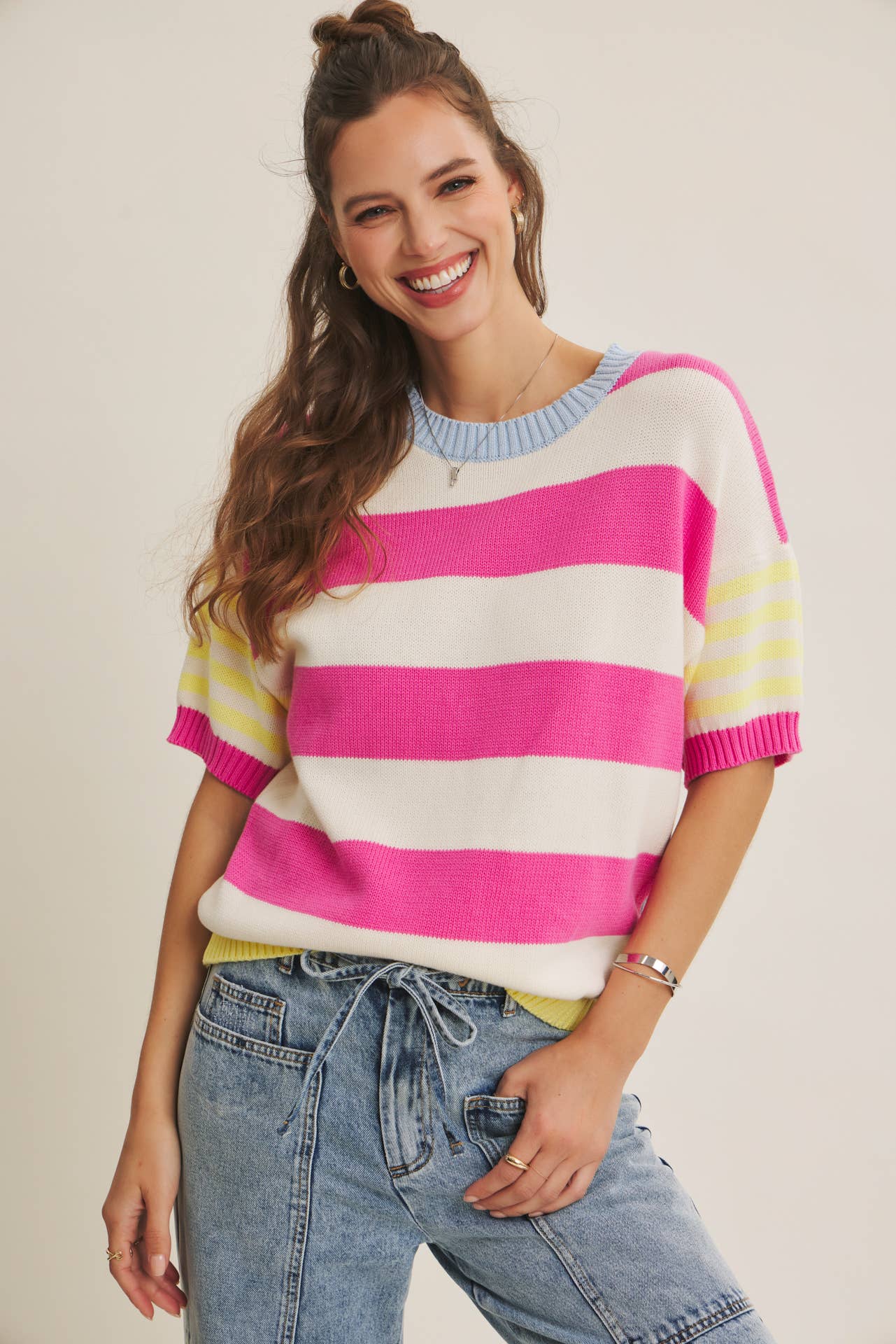 FEEL-GOOD PLAYFUL MULTI STRIPE EASY EVERYDAY COTTON SWEATER
