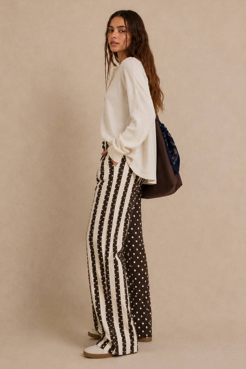 MIX DOT & STRIPE PANEL WIDE LEG PANTS