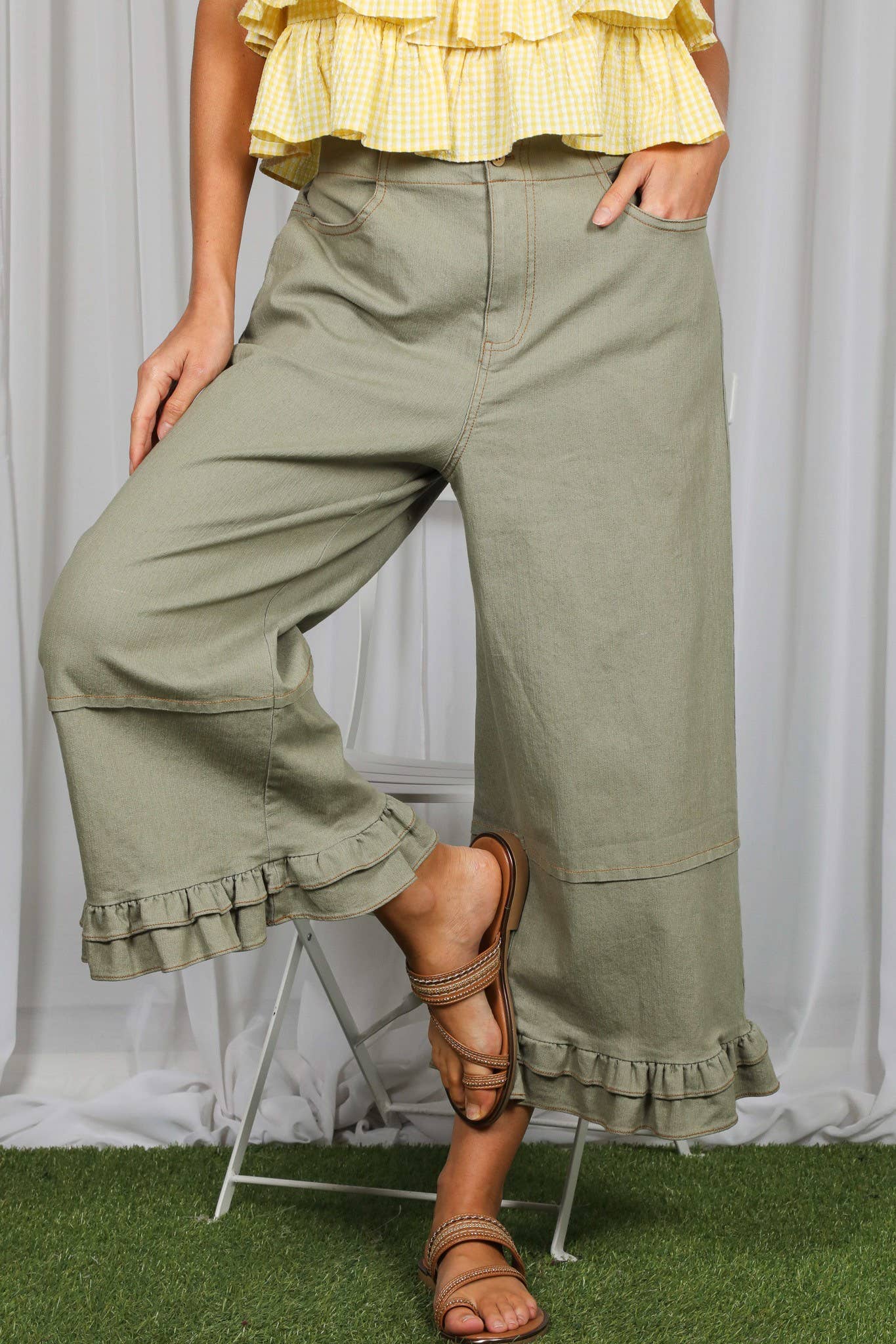 Casual Ruffle Hem Stone Wash Cropped Denim Pants