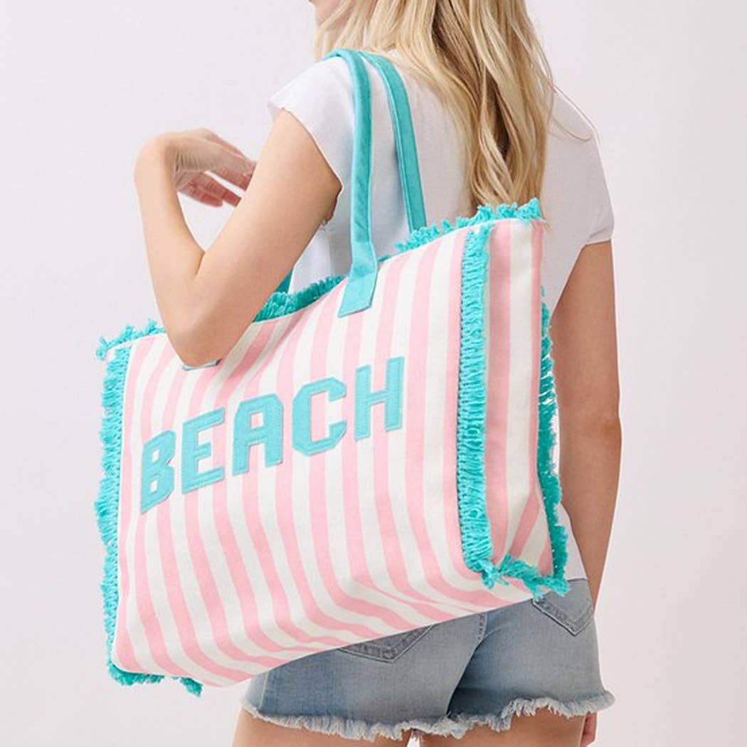 Embroidered Beach Letter Terry Cloth Frayed Striped Tote Ba