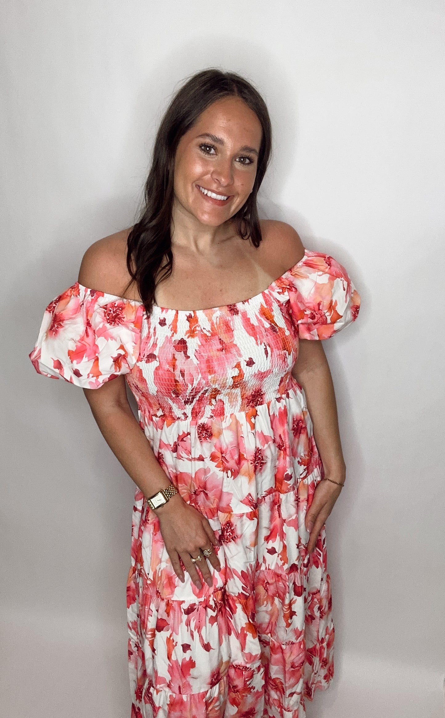 Elegant Off-Shoulder Floral Puffy Sleeve Bubble Dress
