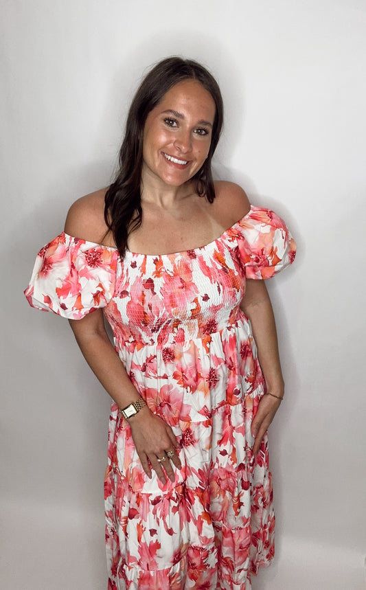 Elegant Off-Shoulder Floral Puffy Sleeve Bubble Dress