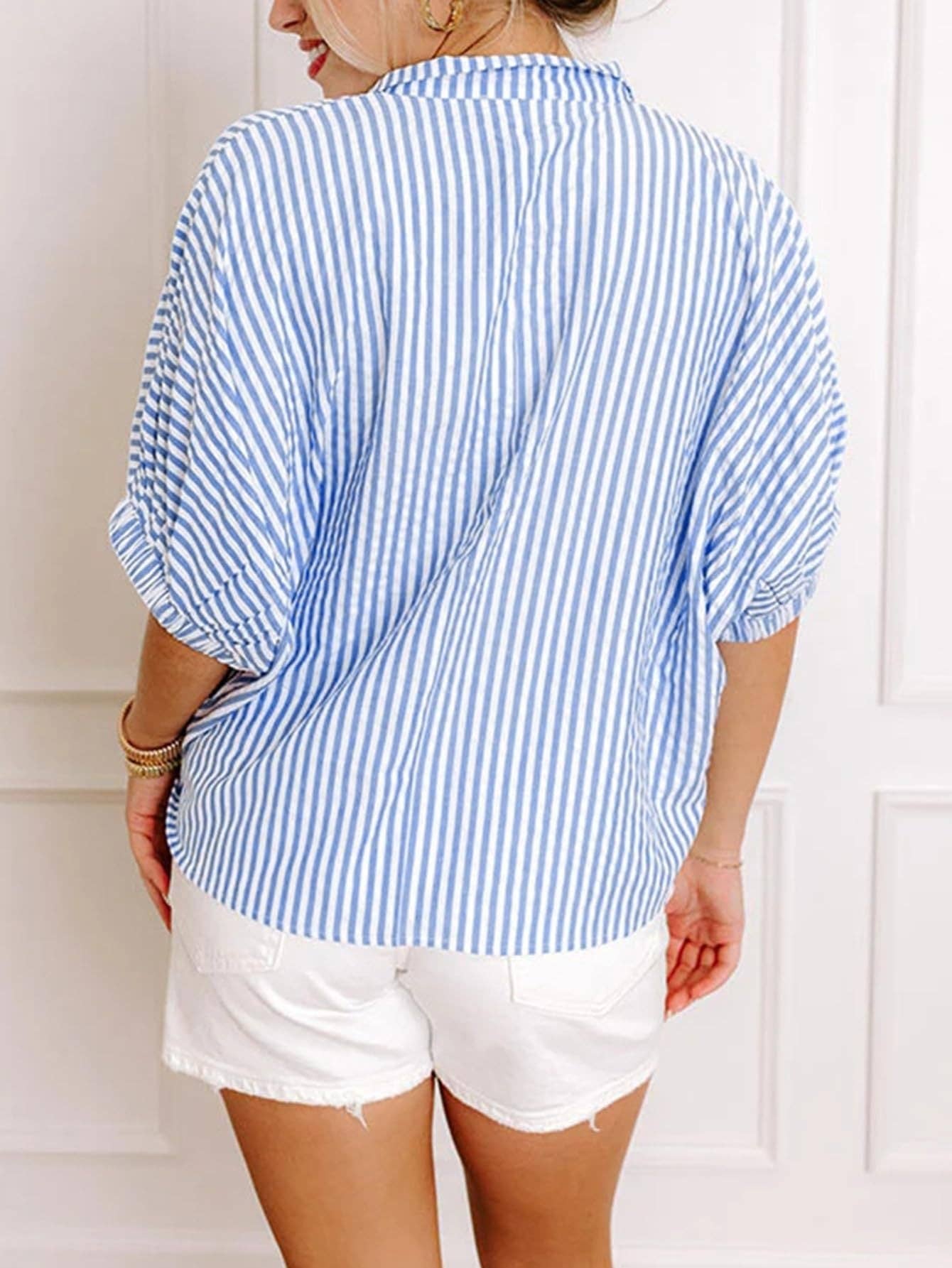 Striped V-Neck Colorblock Blouse Puff  Sleeve Casual Top