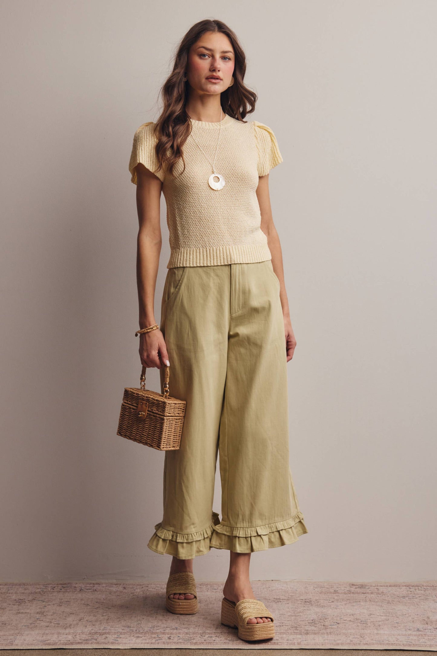 Ruffle Hem Wide-Leg Pants