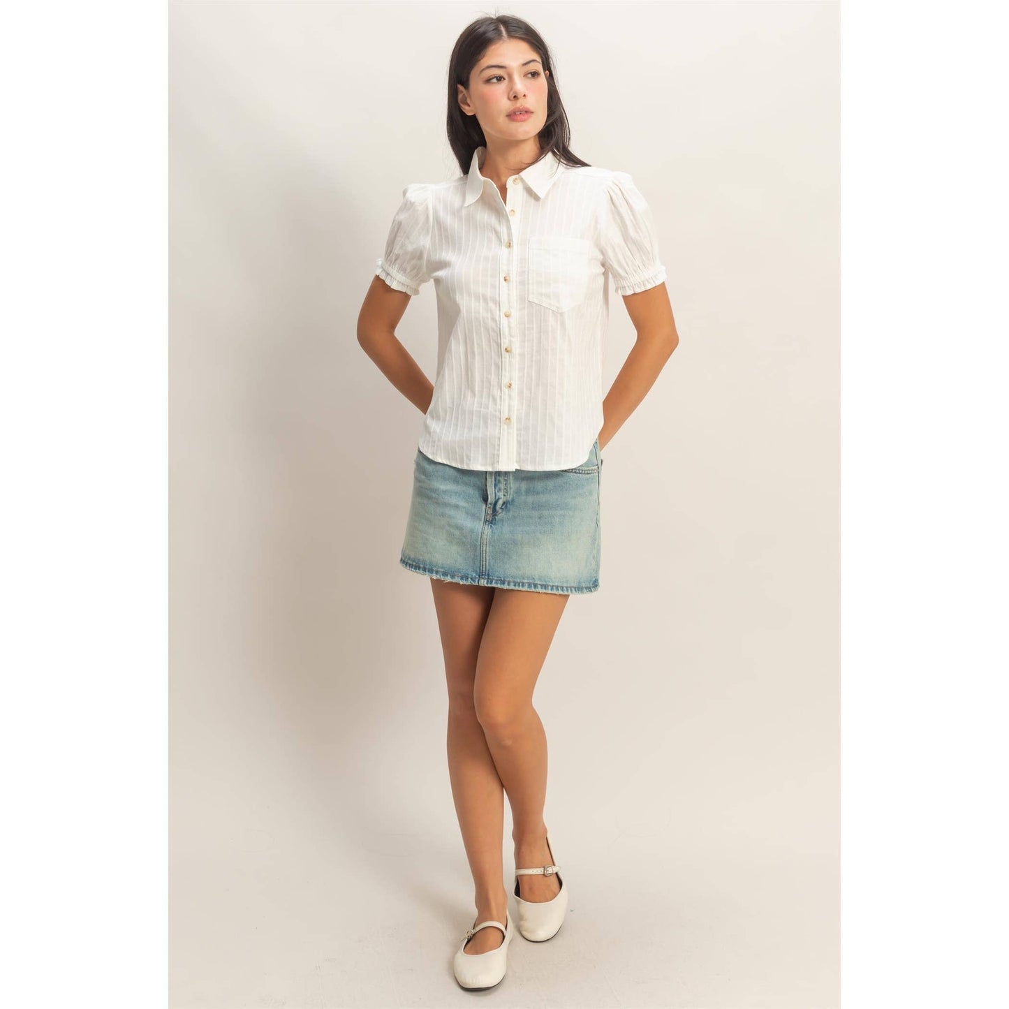 Button-Up Puff Short Sleeve Shirt